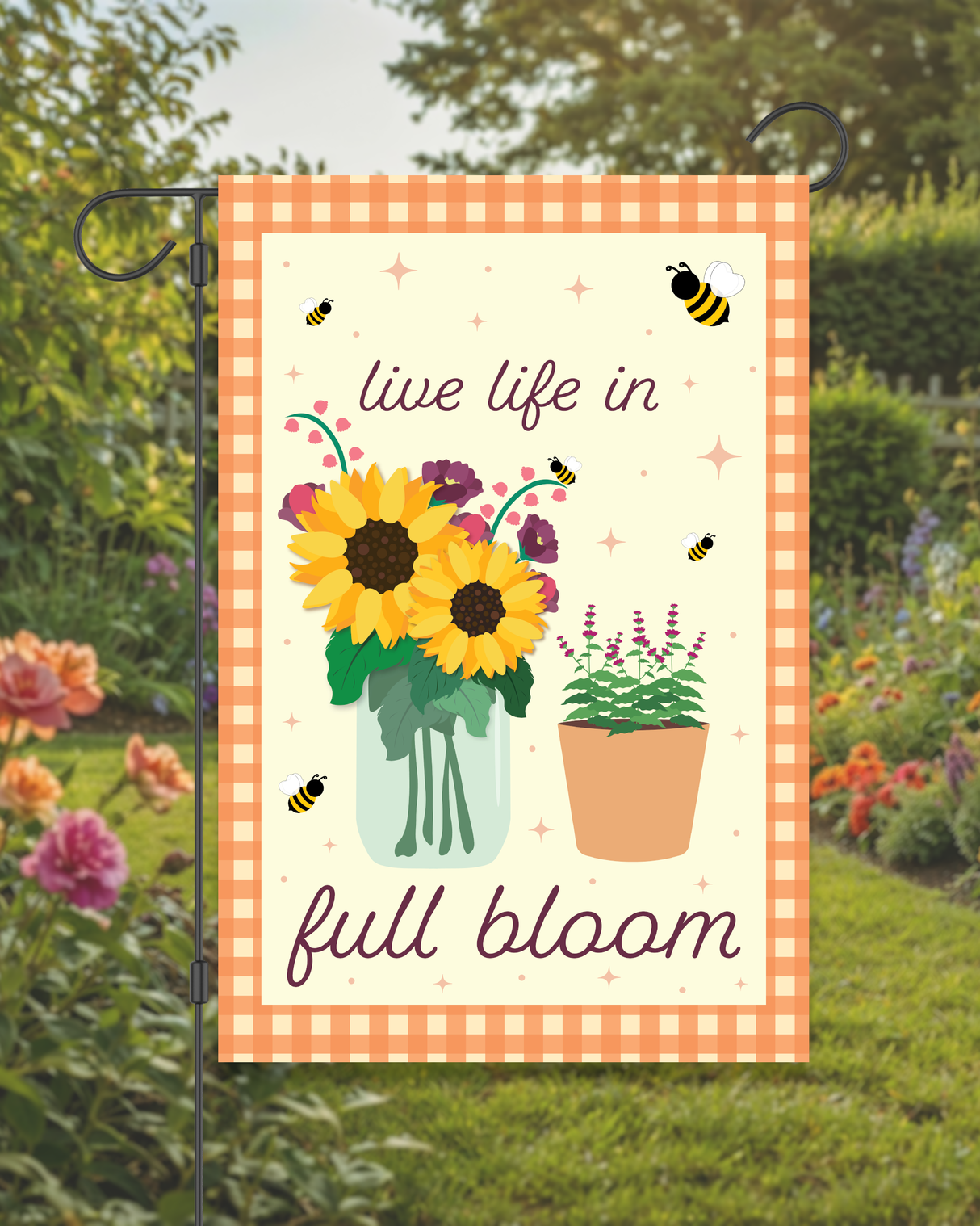 "Live Life in Full Bloom" Flowers and Bees Garden Flag #G1234-1