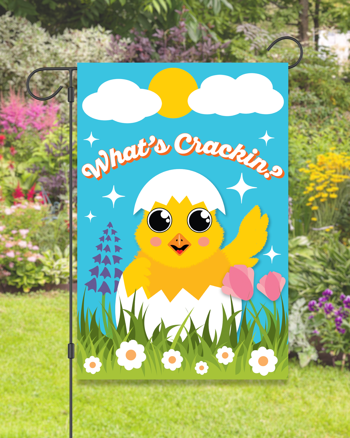 "What's Crackin'" Chick Hatching Garden Flag #G3043