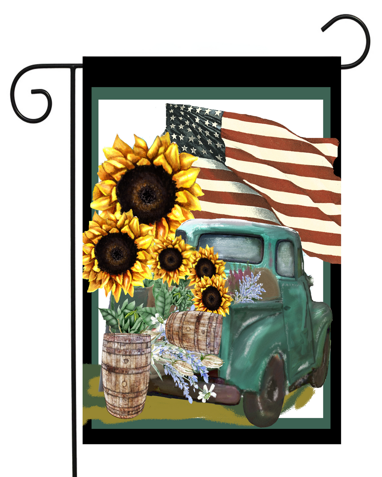 Vintage Blue Truck with Sunflowers and USA Flags Garden Flag #G2057