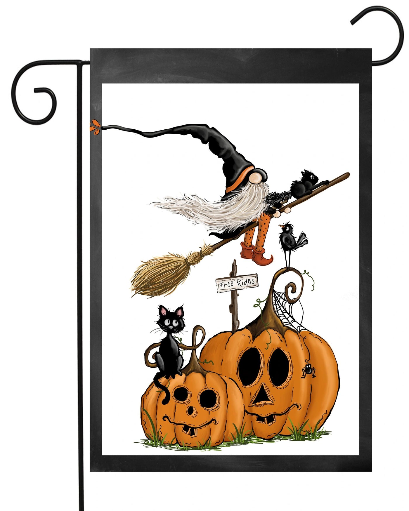 Gnome Witch on Broom over Pumpkins Garden Flag #G2337