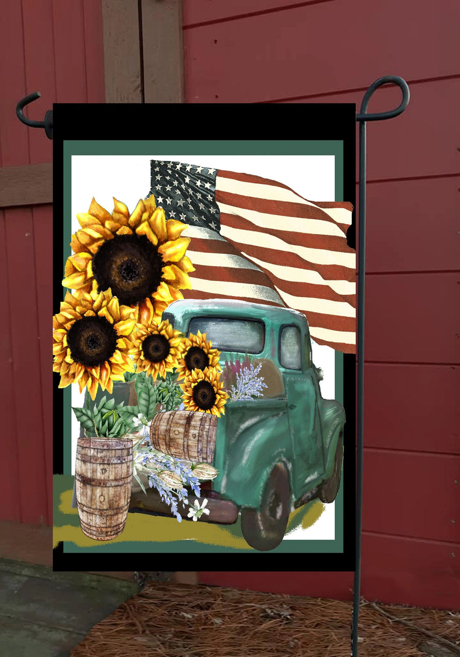 Vintage Blue Truck with Sunflowers and USA Flags Garden Flag #G2057