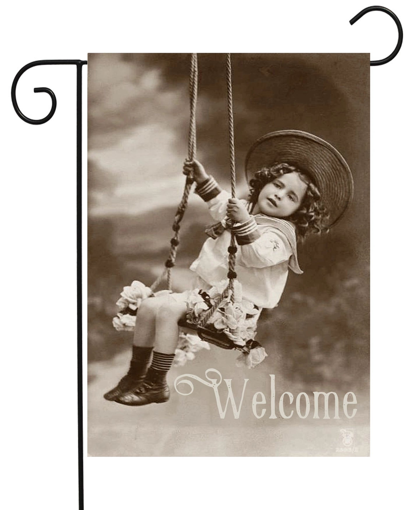 Postcard Girl Swinging Welcome Garden Flag #G2262