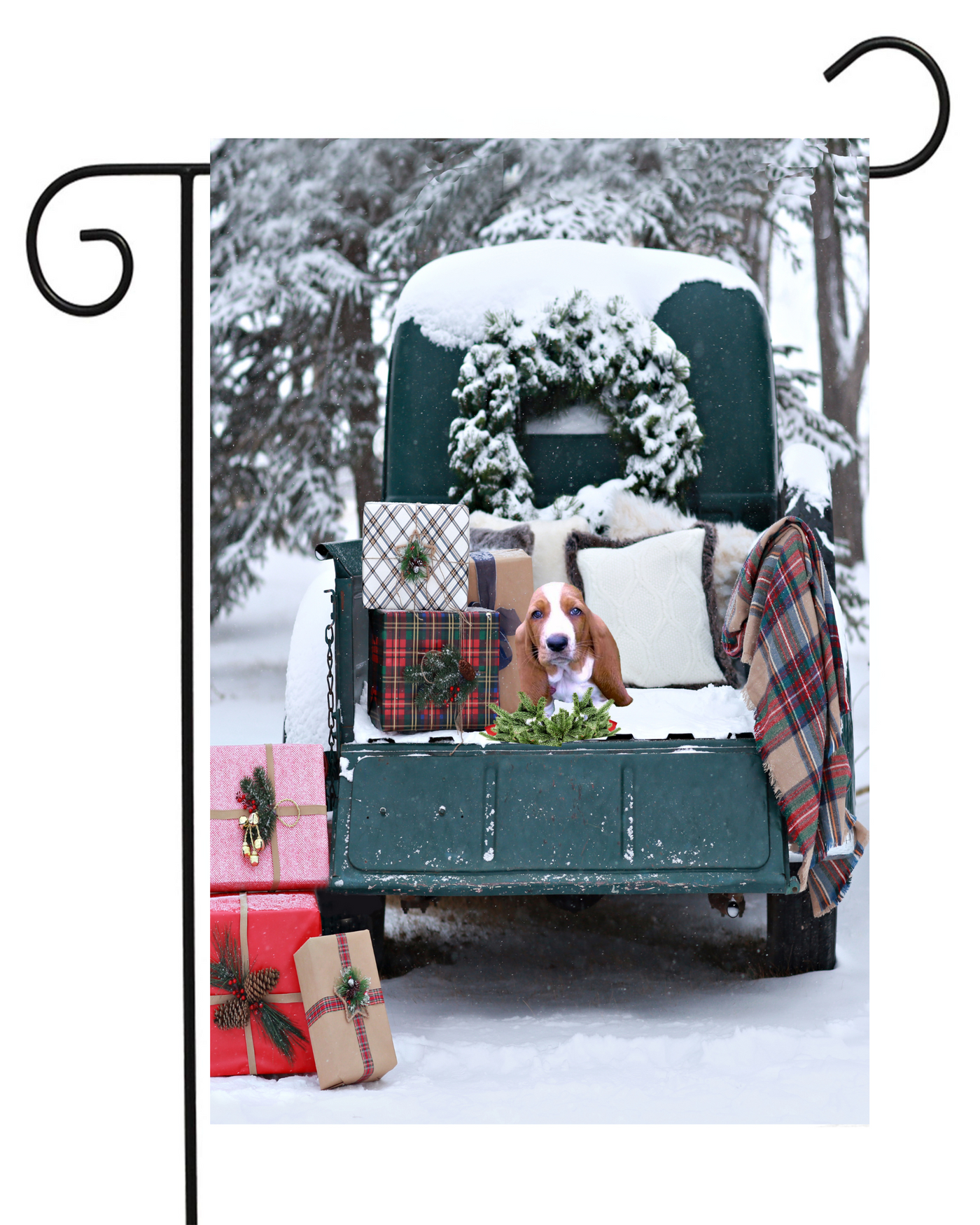 Basset Pup in Old Truck Winter Scene Garden Flag #G2199