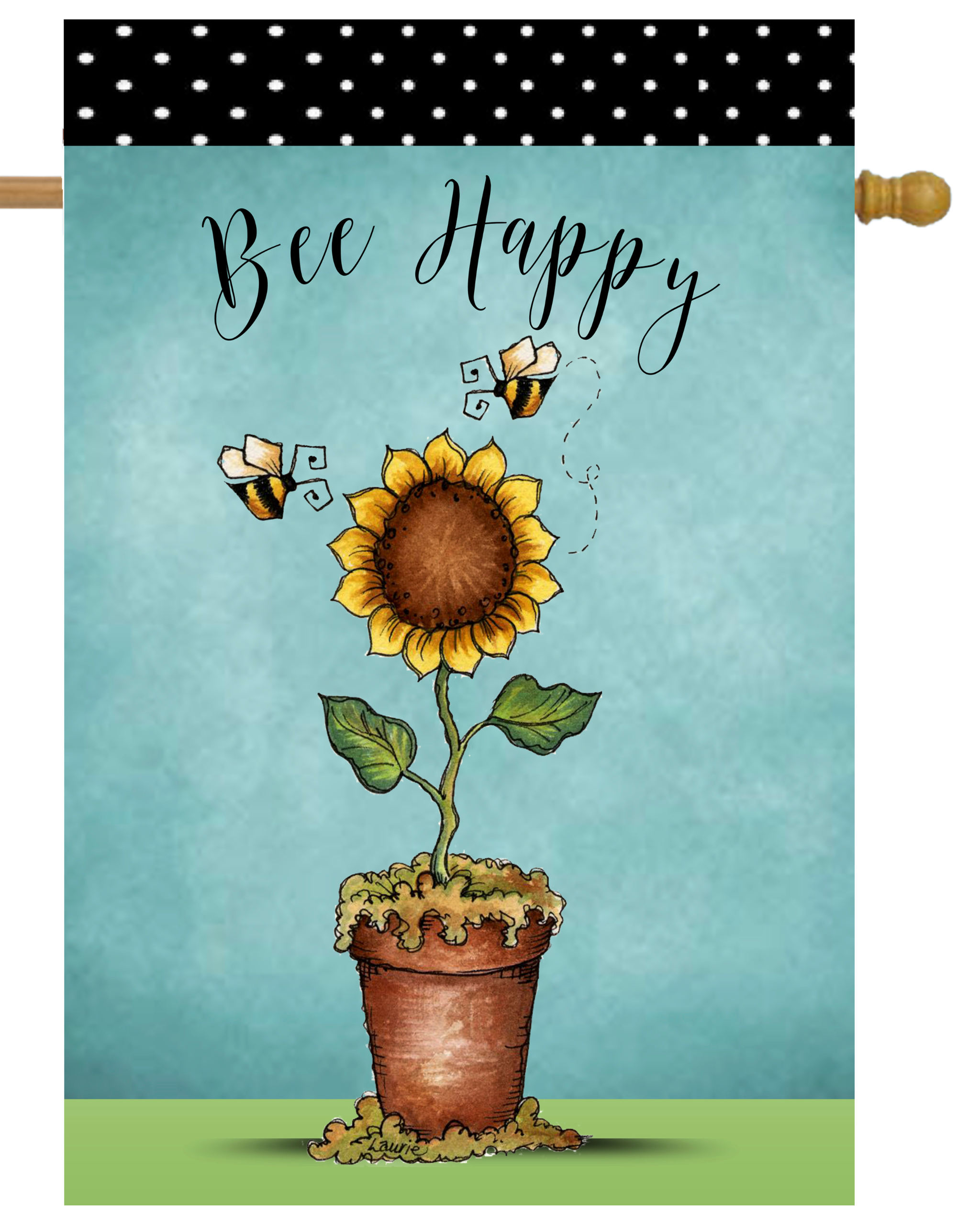 Bee Happy Single Sunflower in Pot House Flag # H1803