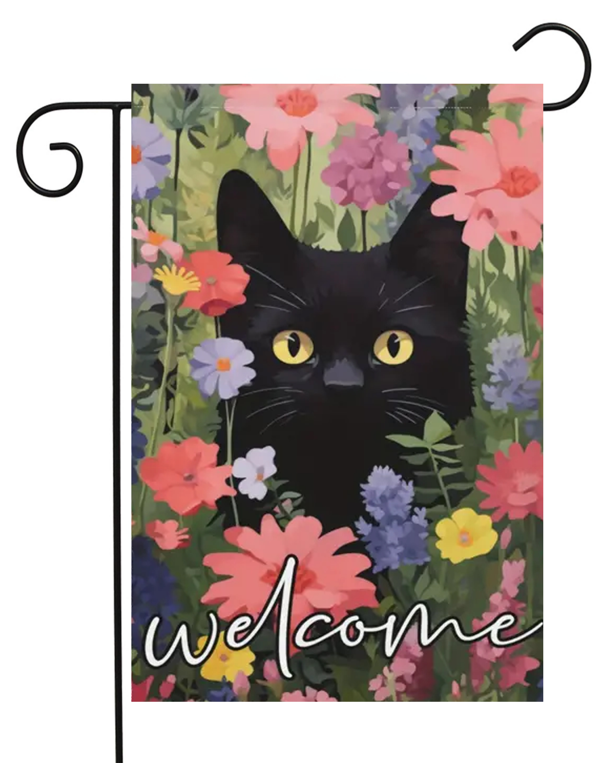 Black Cat in Flowers Garden Flag #G2630