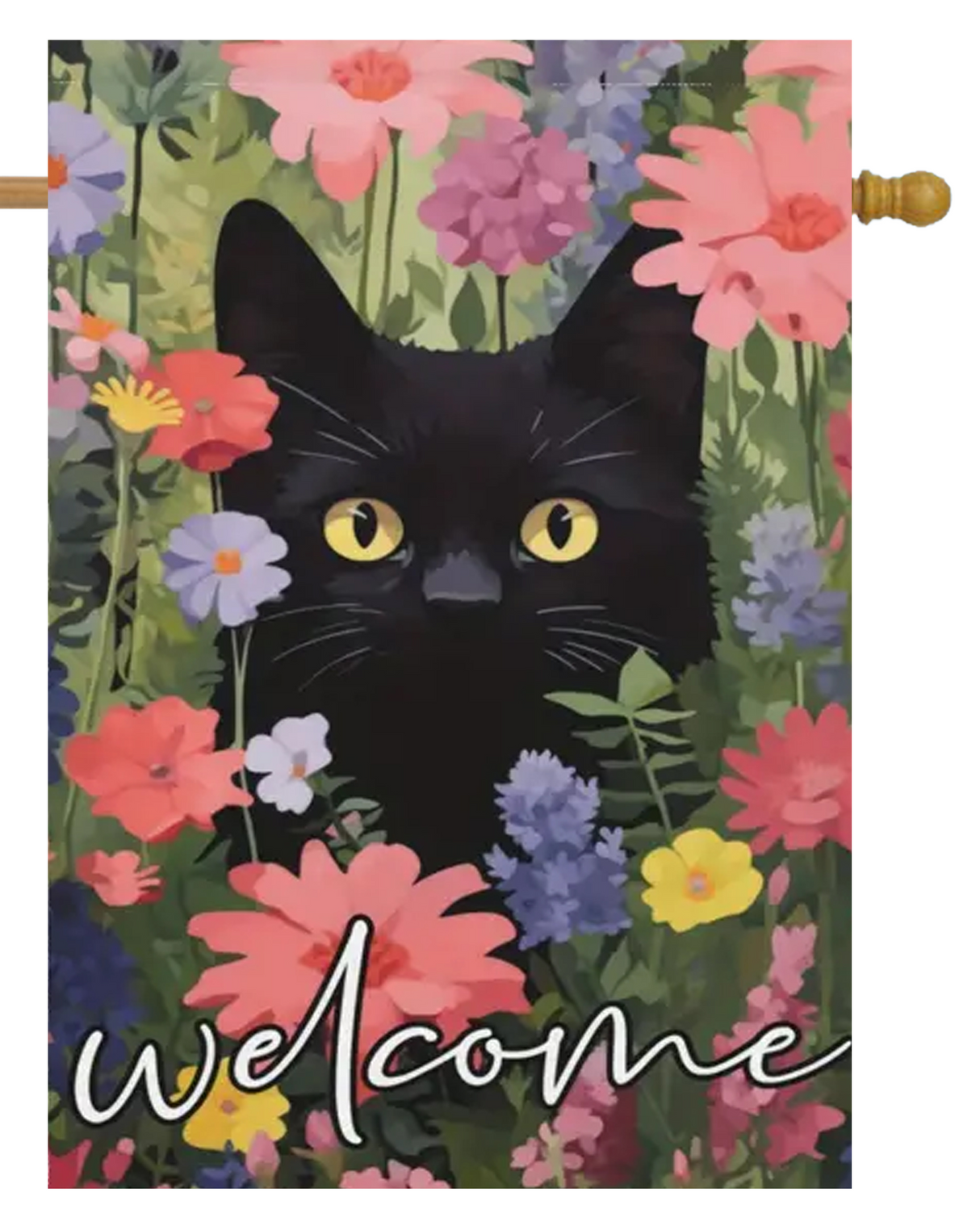 Black Cat in Flowers House Flag #H2630