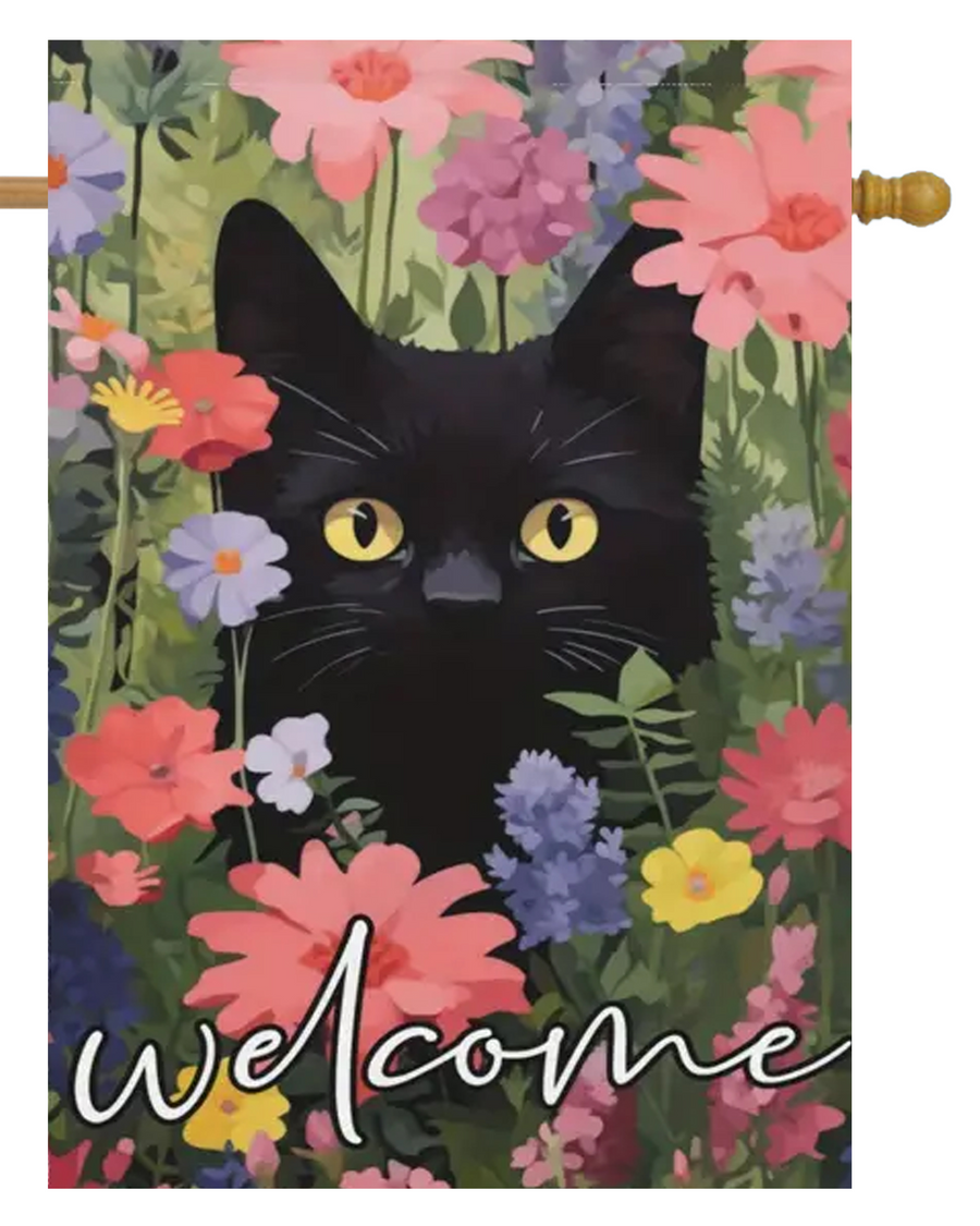 Black Cat in Flowers House Flag #H2630