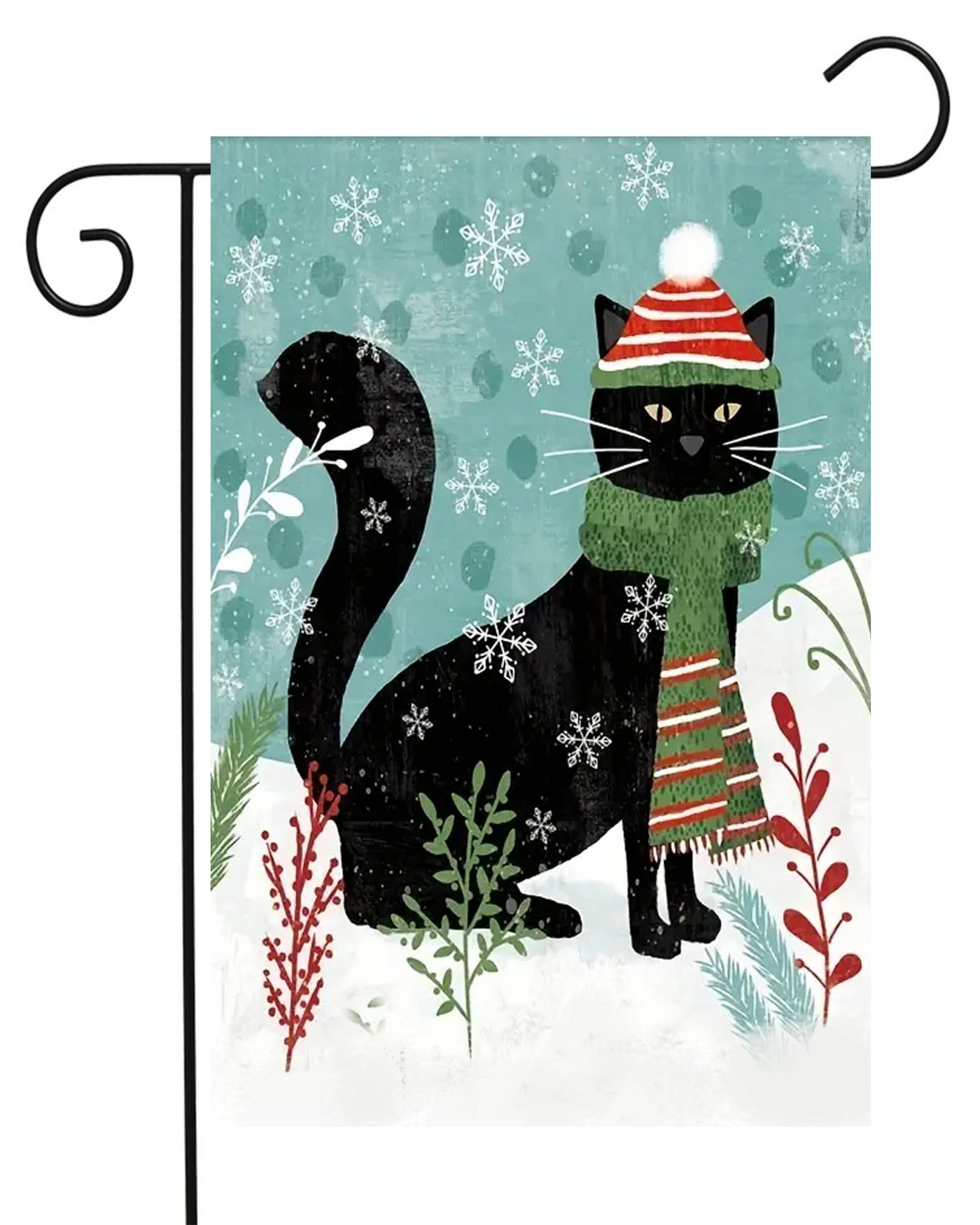 Black Cat in Snow With Green Scarf Red Hat Garden Flag #G2624