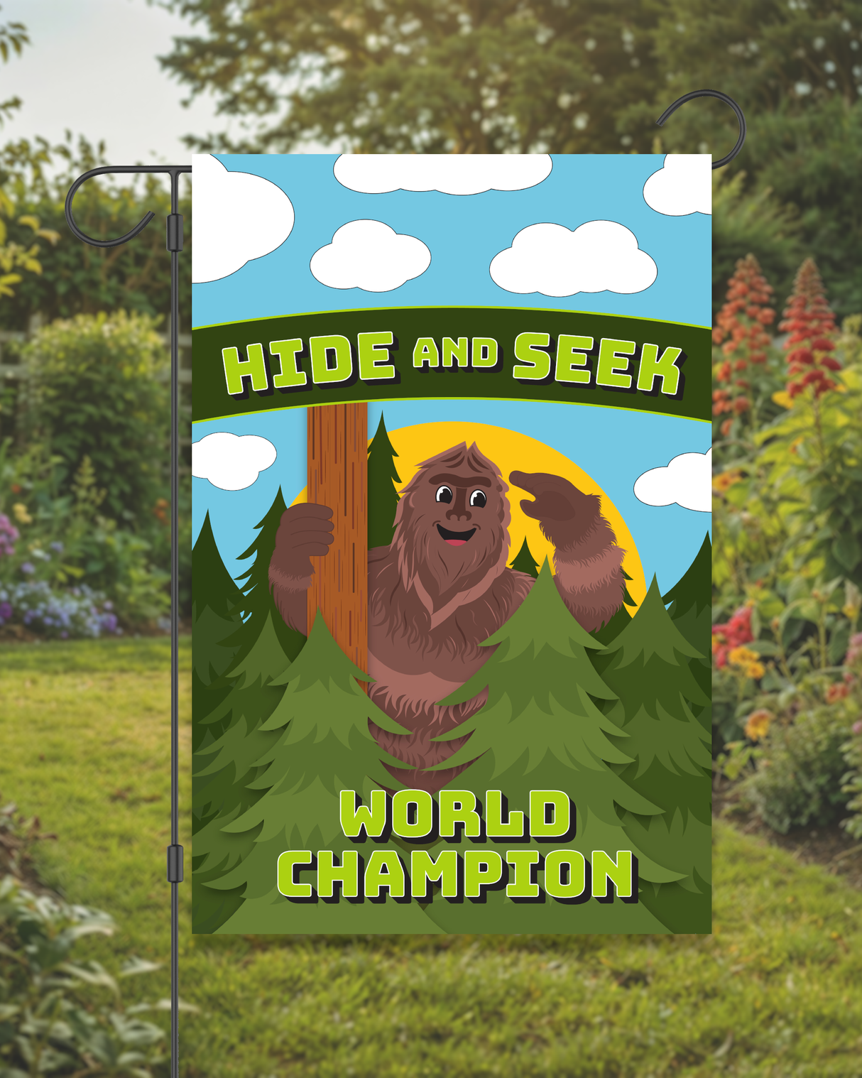 "Hide and Seek World Champion" Bigfoot Garden Flag #G3007