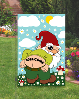 "Welcome" Mooning Gnome Garden Flag #G3027