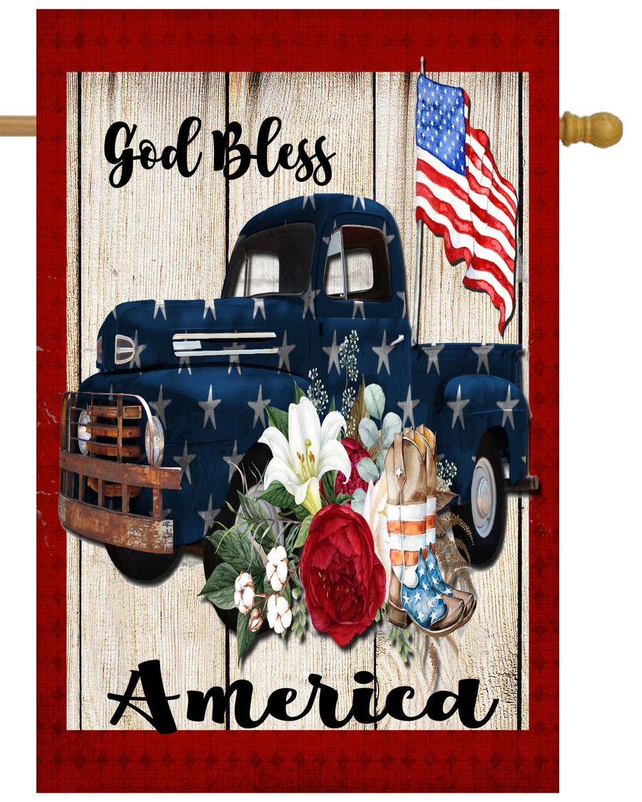 God Bless America Blue Truck House Flag # H1971