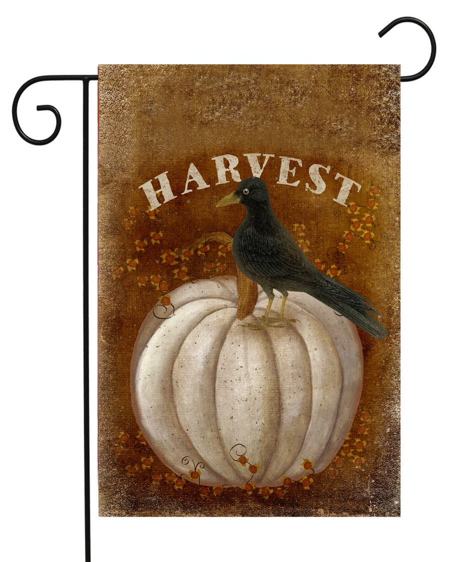 Harvest White Pumpkin and Crow Garden Flag #G1131