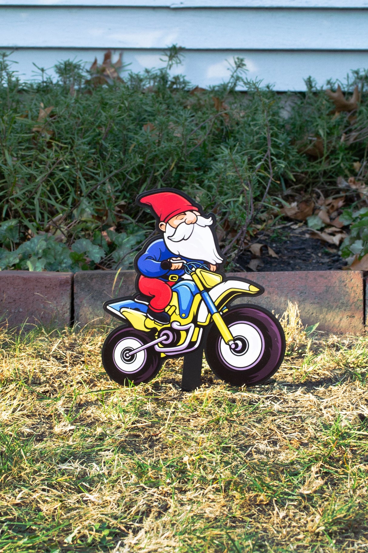 "Gnome on Motorcycle" Small Metal Lawn Sign #MA0021