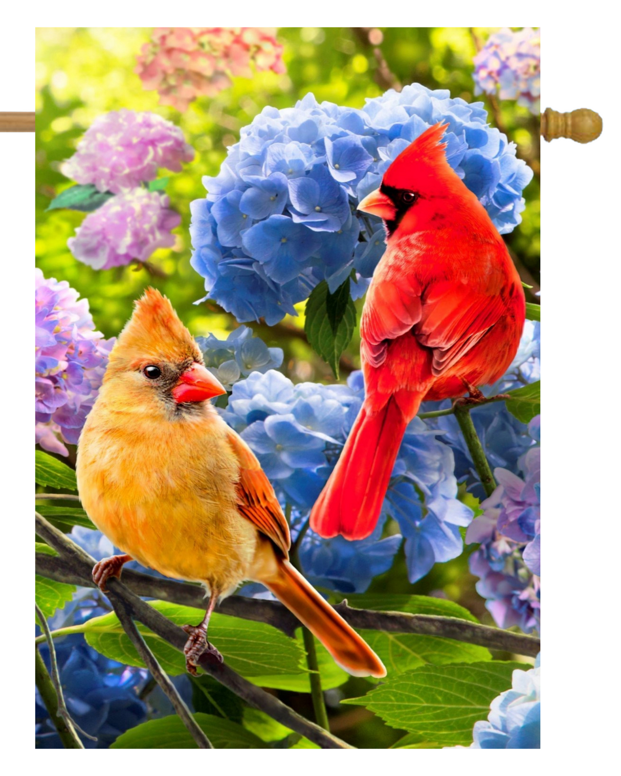 Male Female Cardinals Purple Hydrangea House Flag #H2403