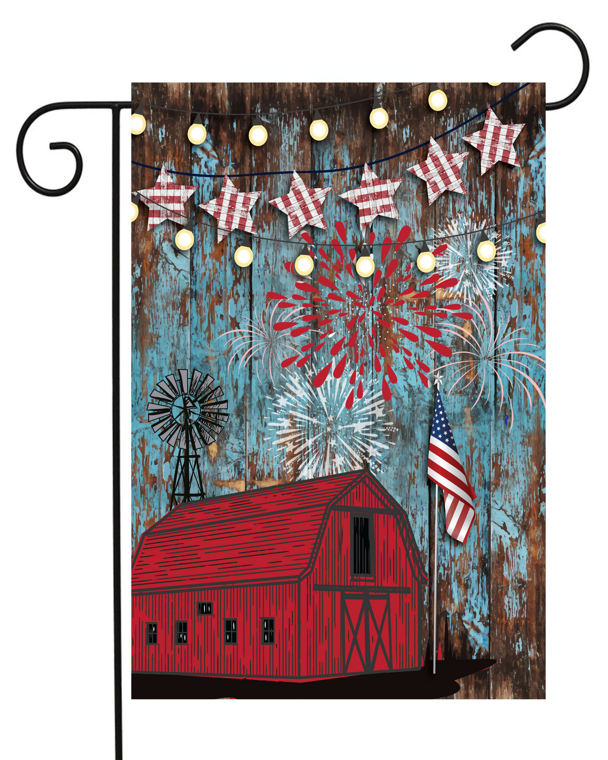 Red Barn With Fireworks Garden Flag #G2628