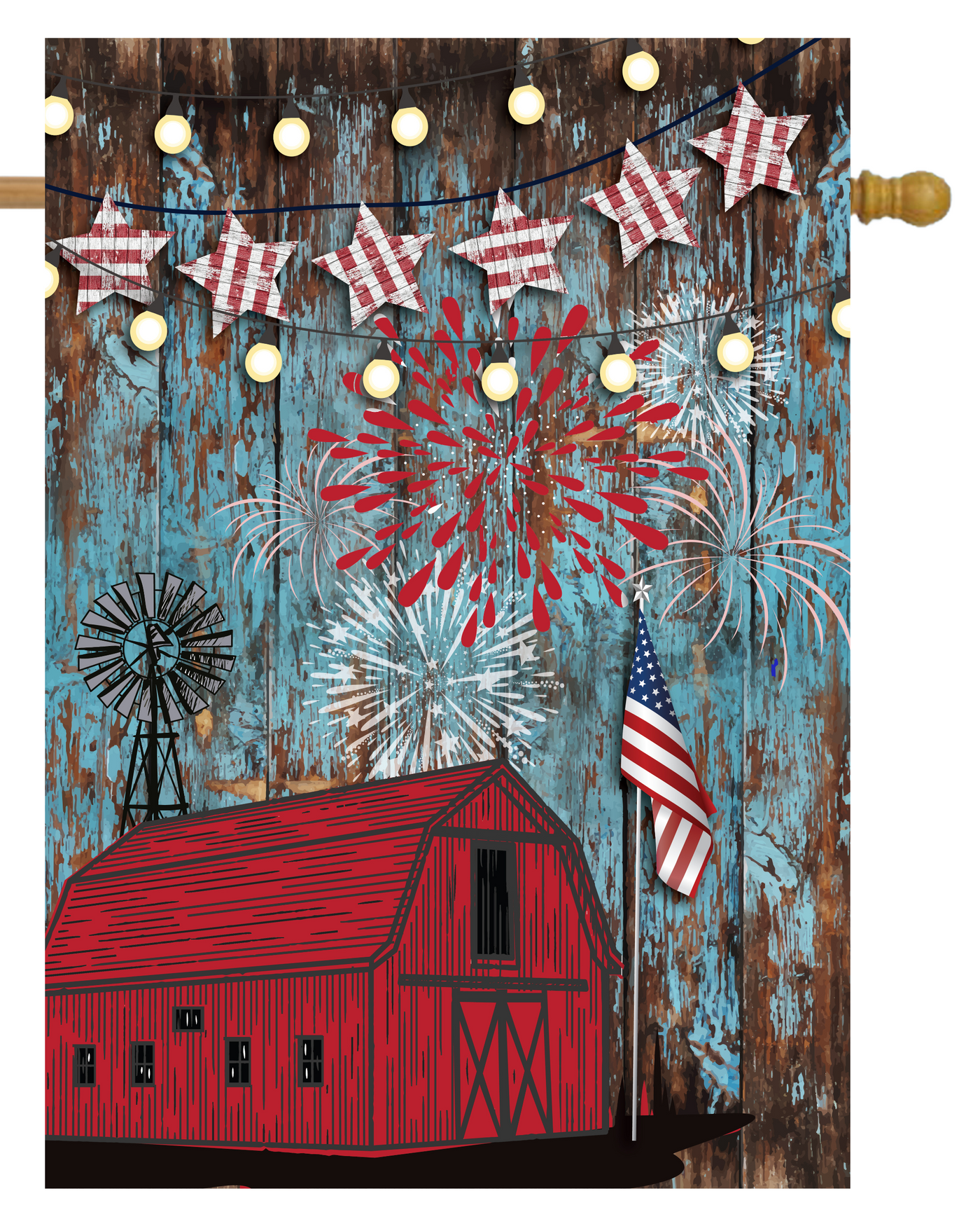 Red Barn With Fireworks House Flag #H2628