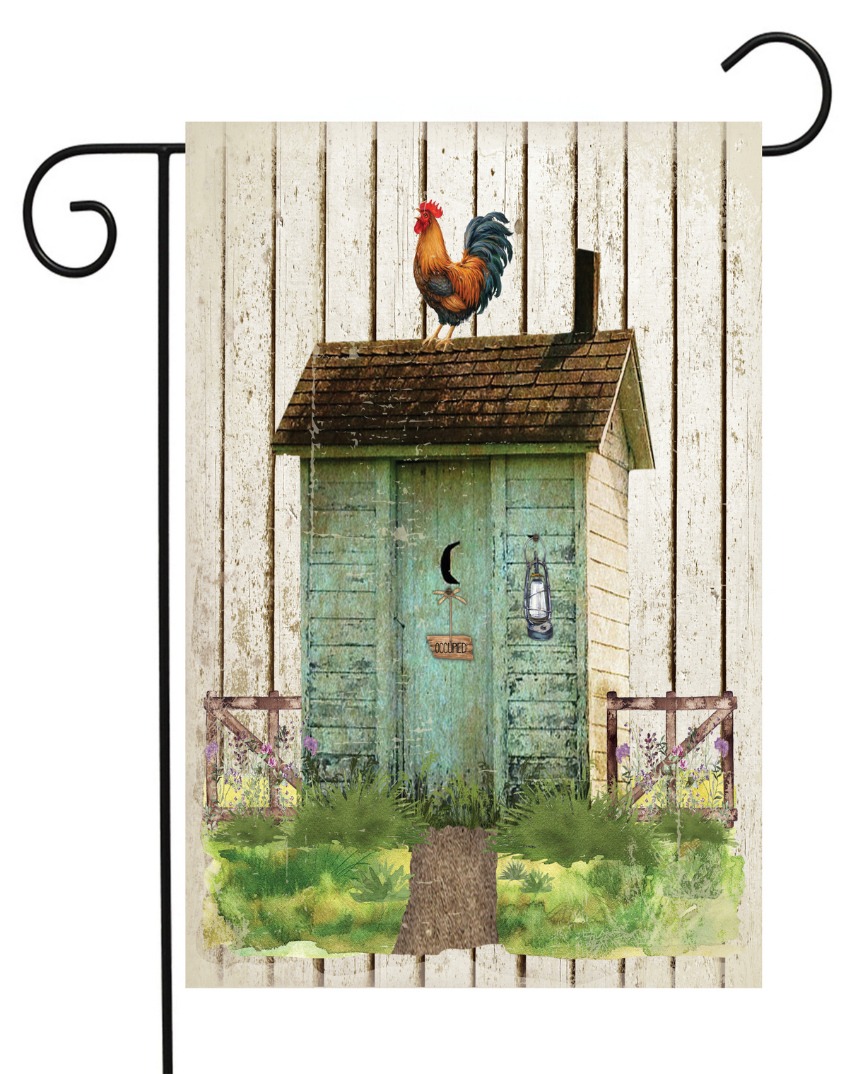 Rooster on an Outhouse Garden Flag #G2531