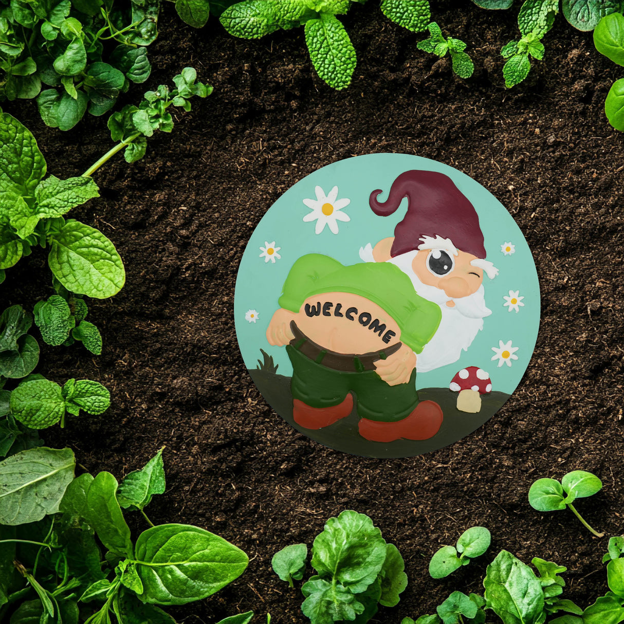 “Welcome” Mooning Gnome Garden Stepping Stone #S1008