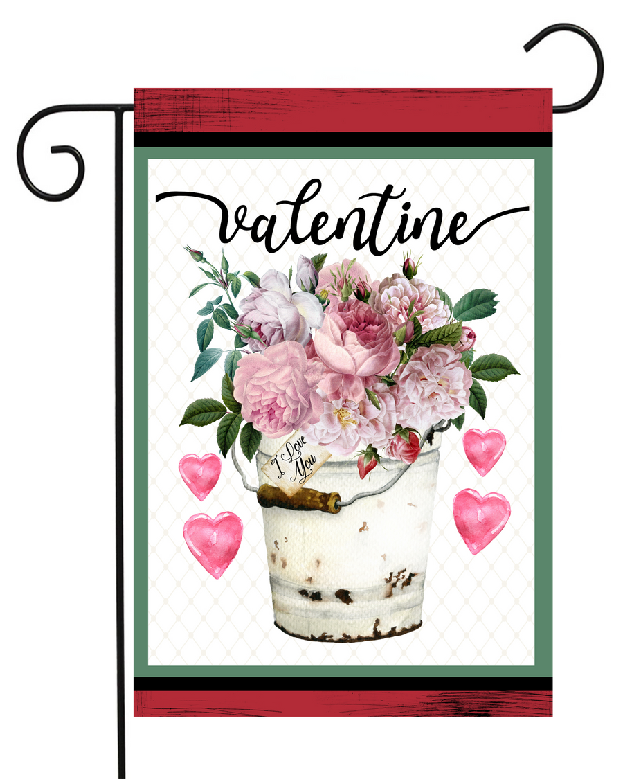 Valentine Bucket with Flowers Garden Flag #G2201