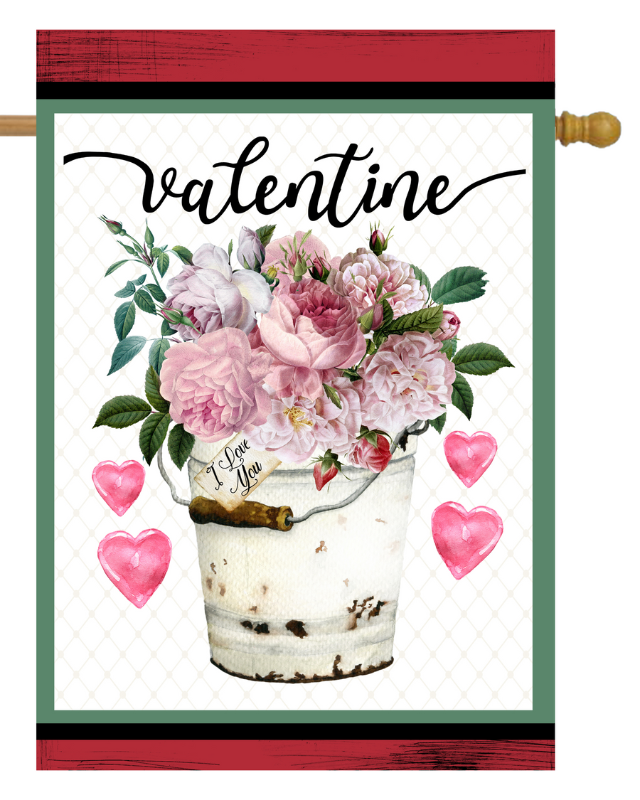 Valentine Peonies Hearts Bucket House Flag #H2201