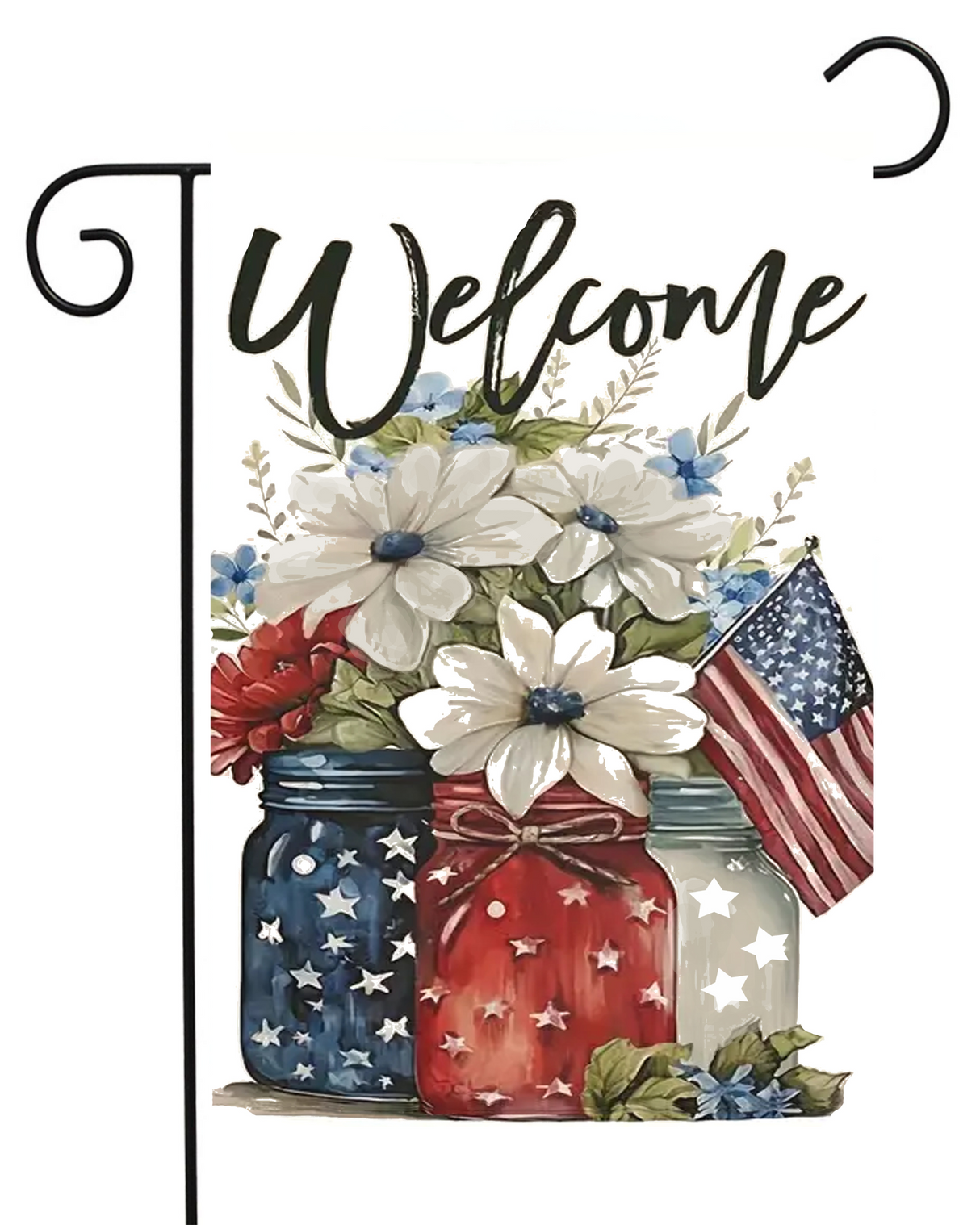 Welcome 3 RWB Jars With Flowers Garden Flag #G2631