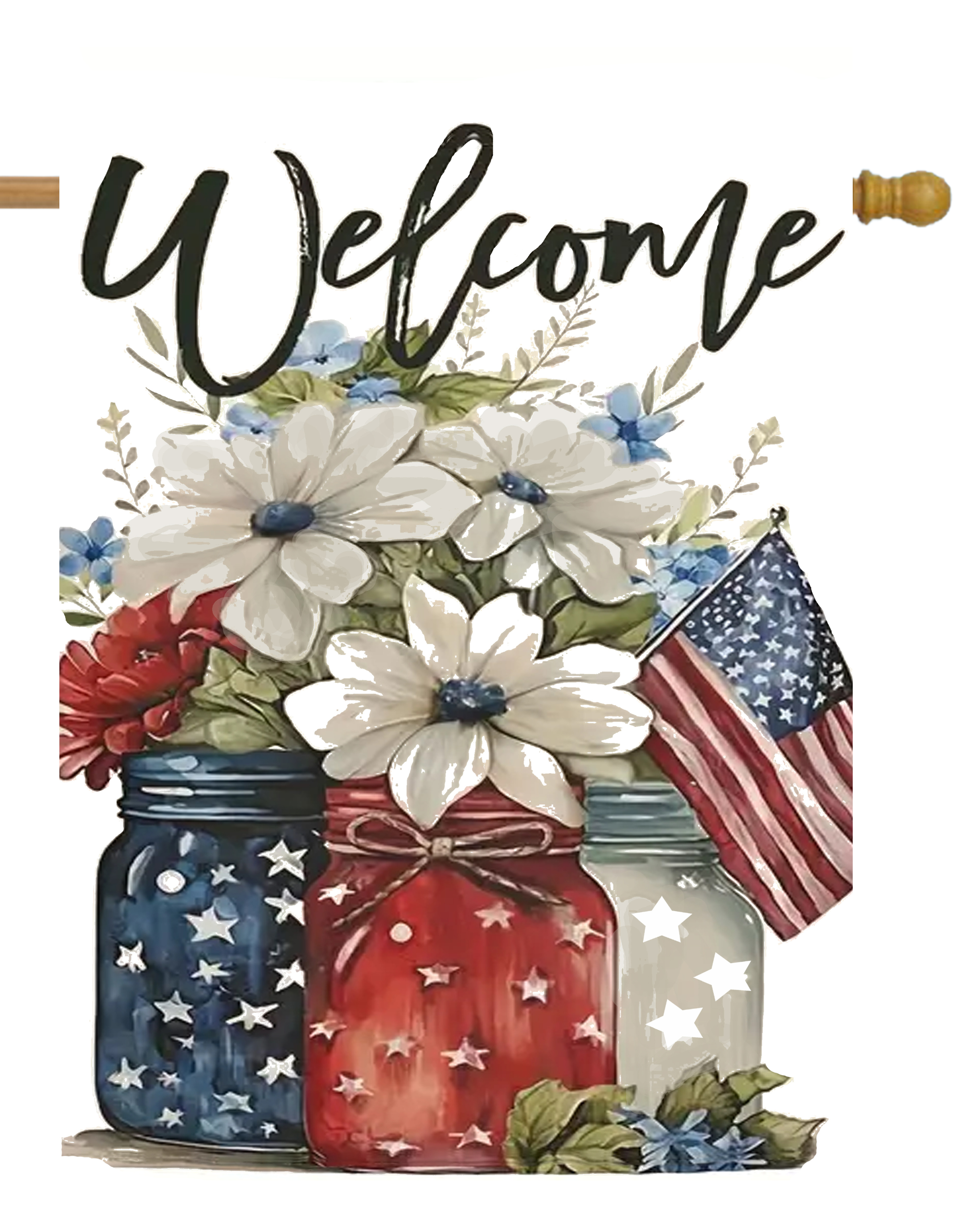 Welcome 3 RWB Jars With Flowers House Flag #H2631