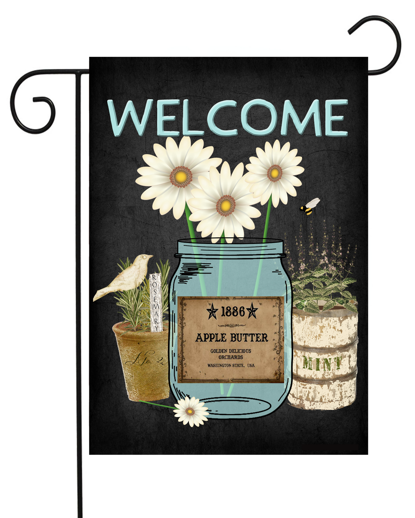 Welcome Daisies in Blue Mason Jar Garden Flag #G1660