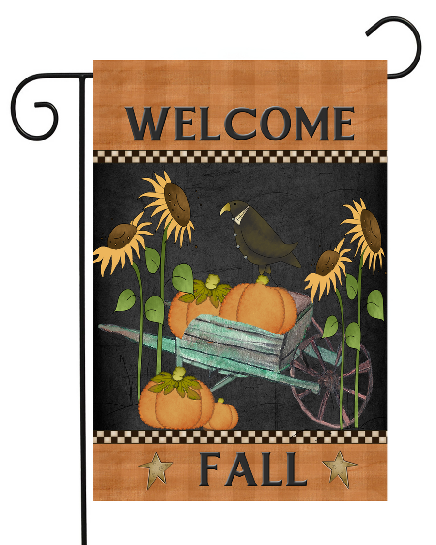 Welcome Fall Wheel Barrow Sunflowers and Crow Garden Flag #G1661