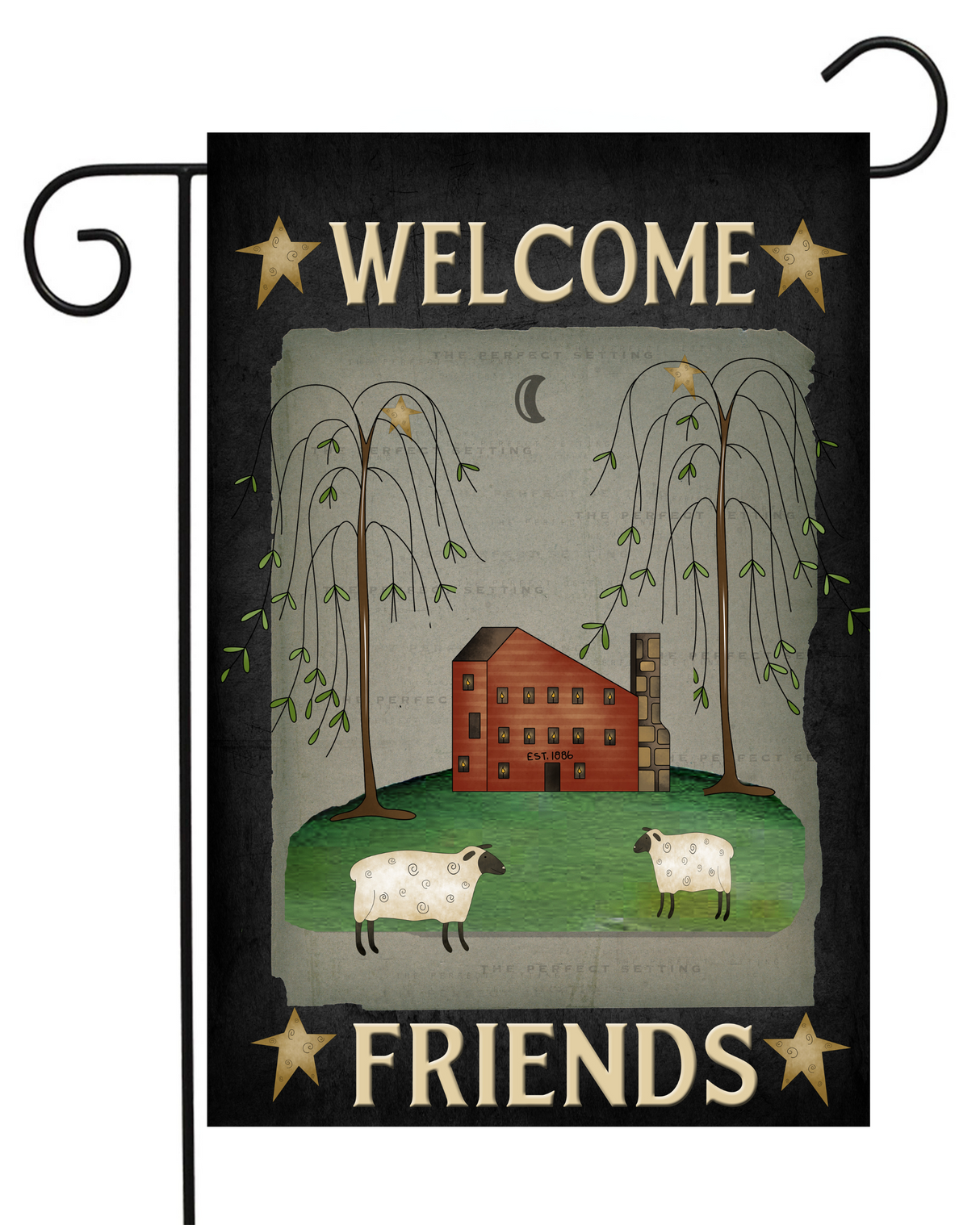 Welcome Friend Prim Saltbox With Sheep Garden Flag #G1662