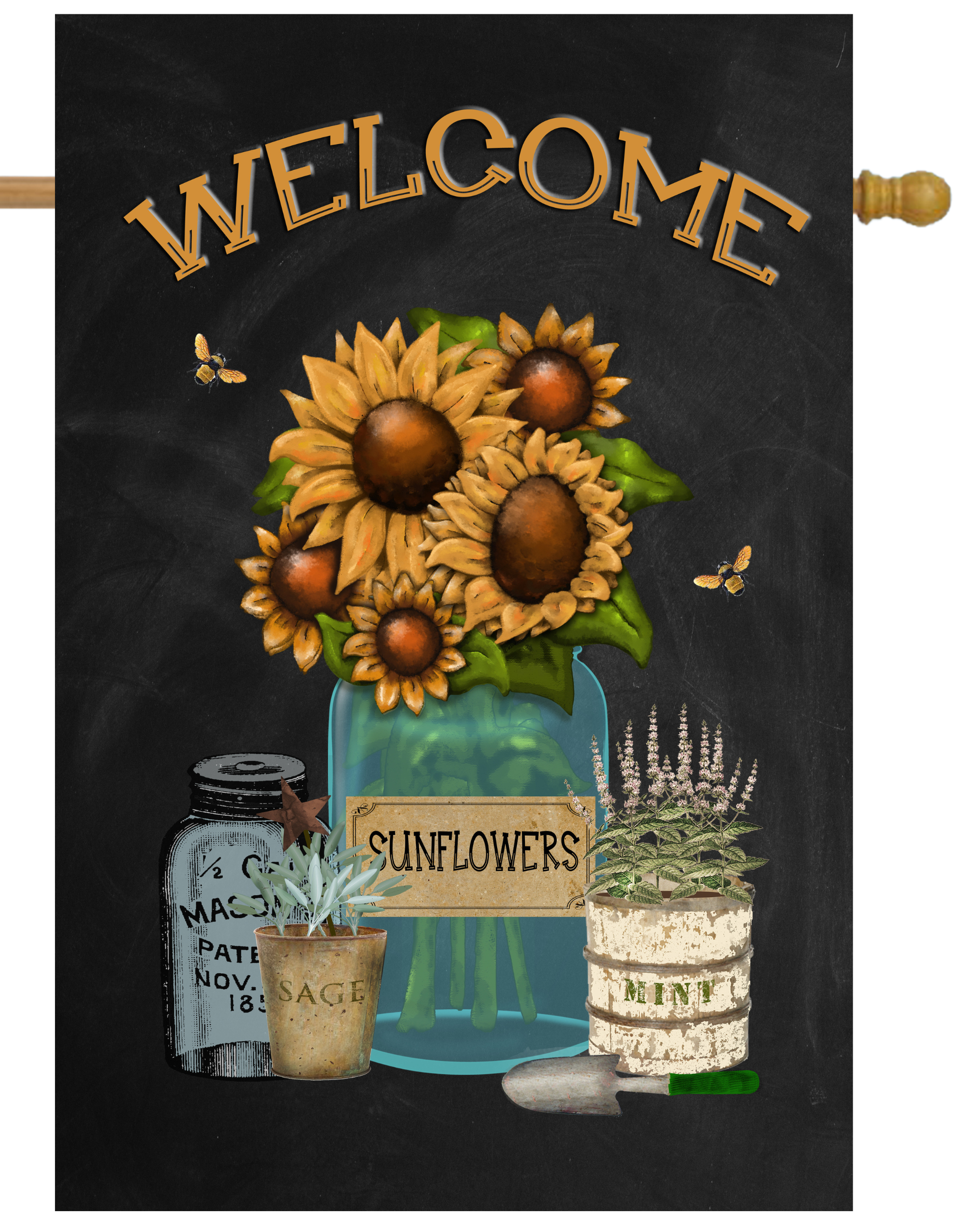 Welcome Sunflower Blue Jar House Flag # H1761