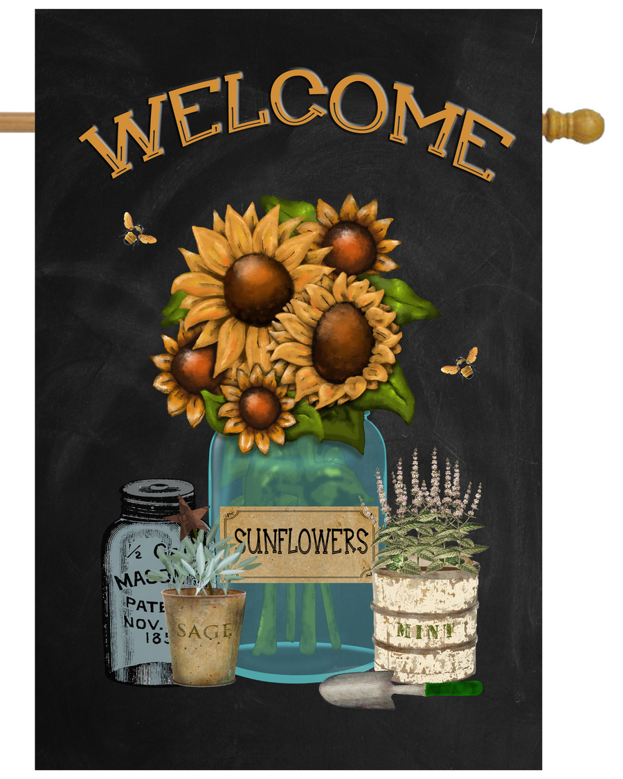 Welcome Sunflower Blue Jar House Flag # H1761