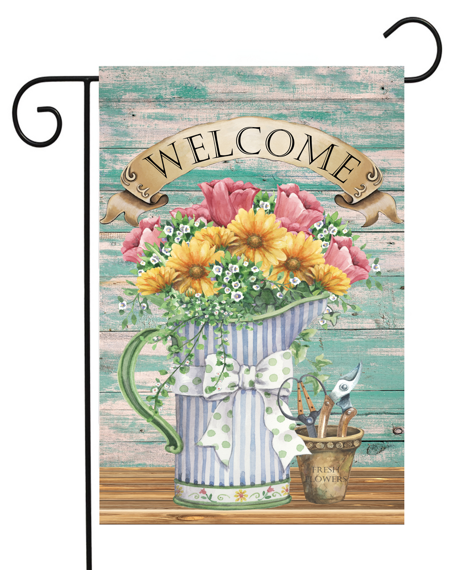 Welcome Watering Can Flowers Garden Flag #G2325