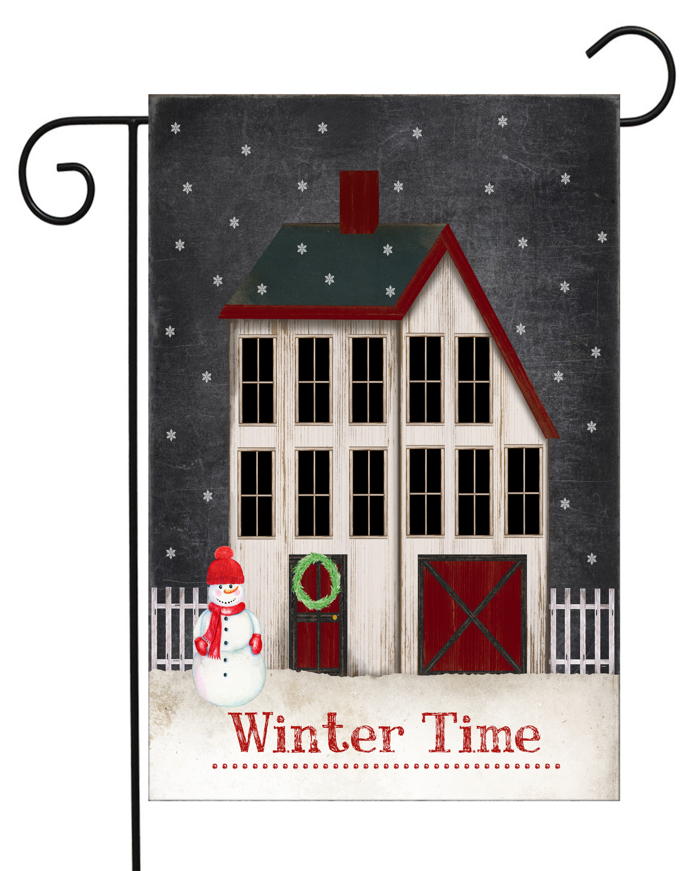 Winter Time Prim House and Snowman Garden Flag #G1448