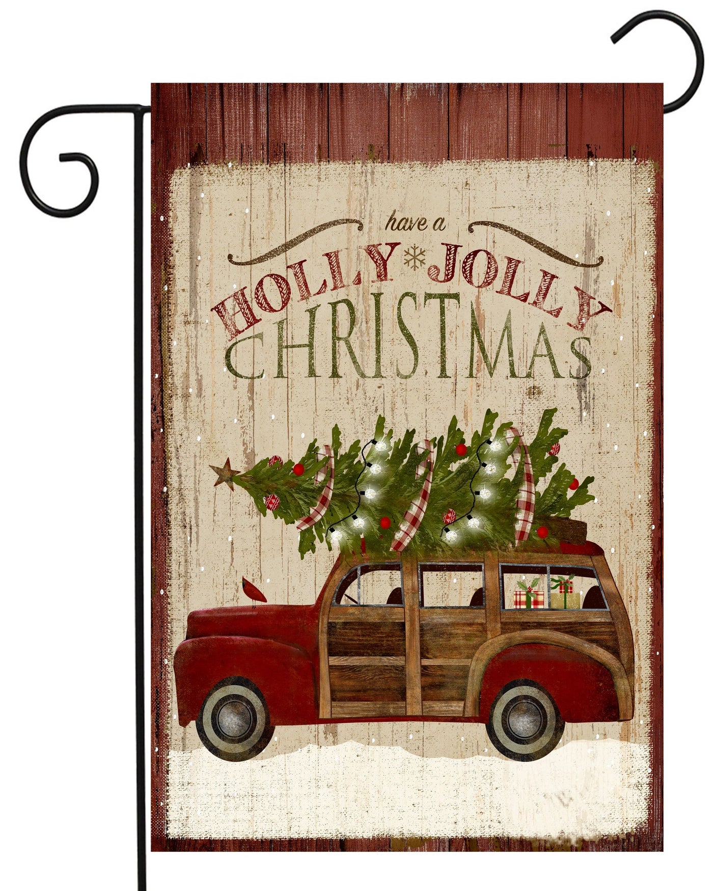 Holly Jolly Christmas Woody Wagon Garden Flag #G2352